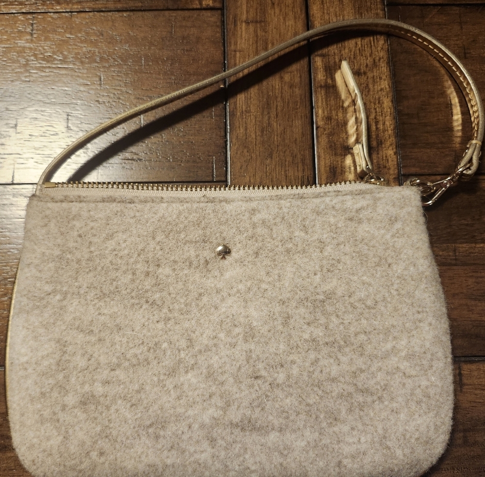 Kate Spade Grey Frosted Felt Gold Trim Wristlet Clutch